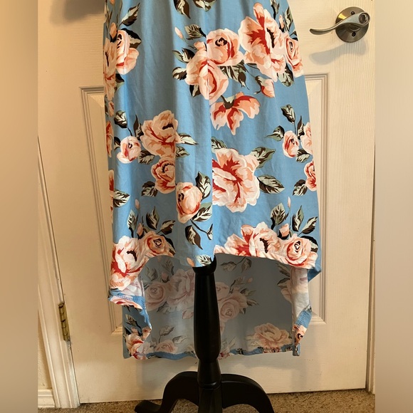 Hot Kiss baby blue pink floral high low stretchy dress off shoulder midi S - Picture 3 of 12